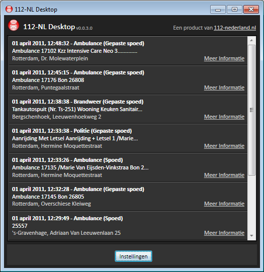 Applicatie hoofdscherm met alle meldingen van 112-Nederland Desktop