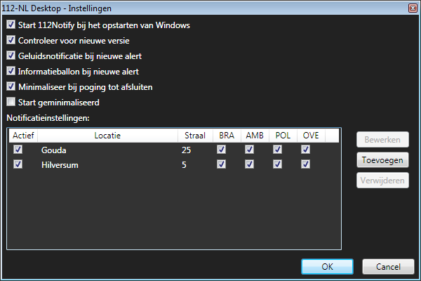 instellingen-scherm kunnen de locaties, hulpdiensten en straal van 112-Nederland Desktop